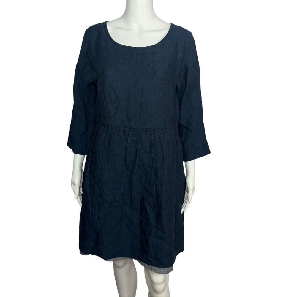 Pyne & Smith Navy Blue Linen Dress 3/4 Sleeve Pockets Size Medium
